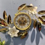 Gold & White Floral Metal Wall Clock